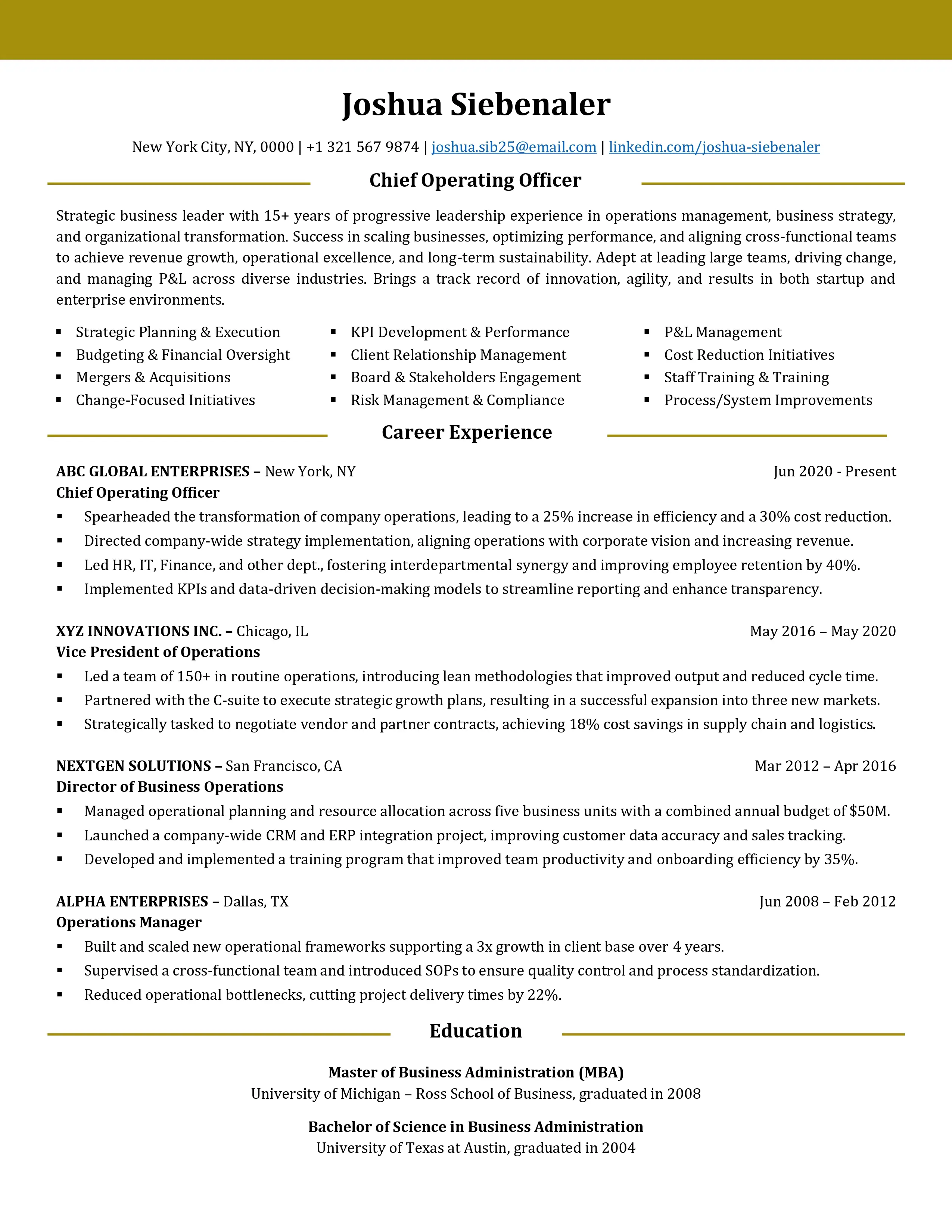 Sample executive resume for COO