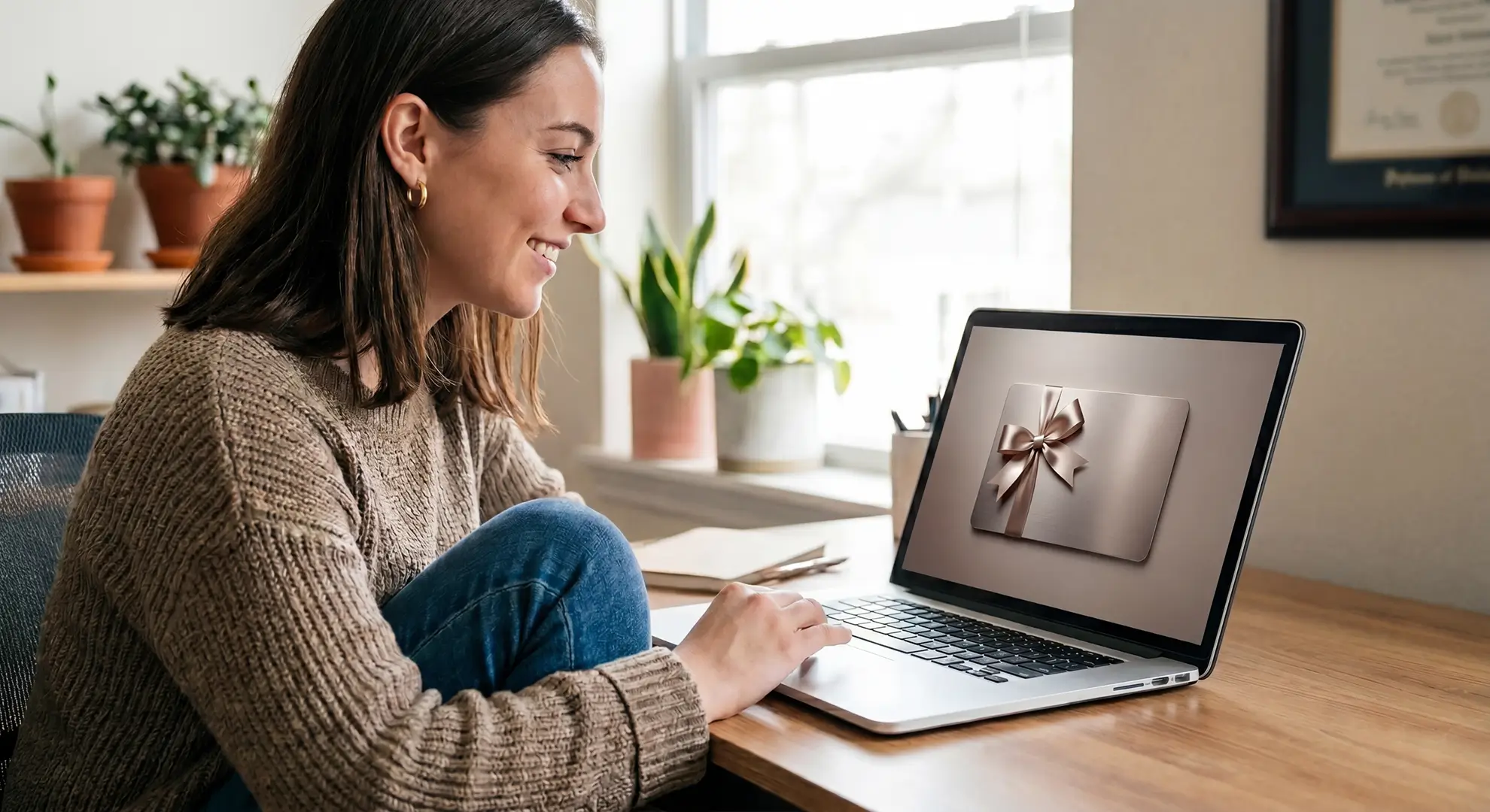 A woman smiling at a laptop displaying a gift card with a ribbon