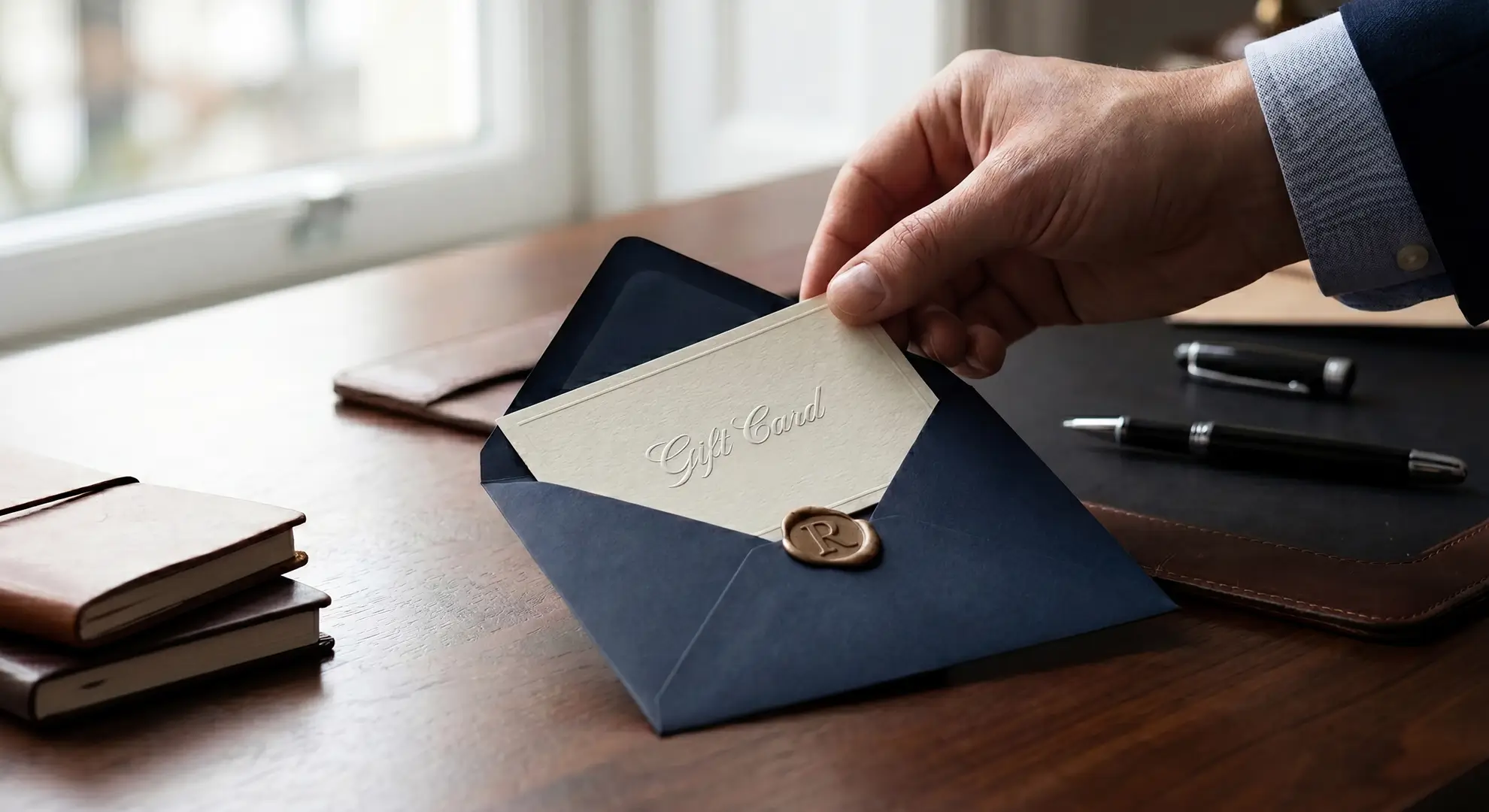 Premium envelope revealing an elegant Resumeble career gift card on a warm oak desk
