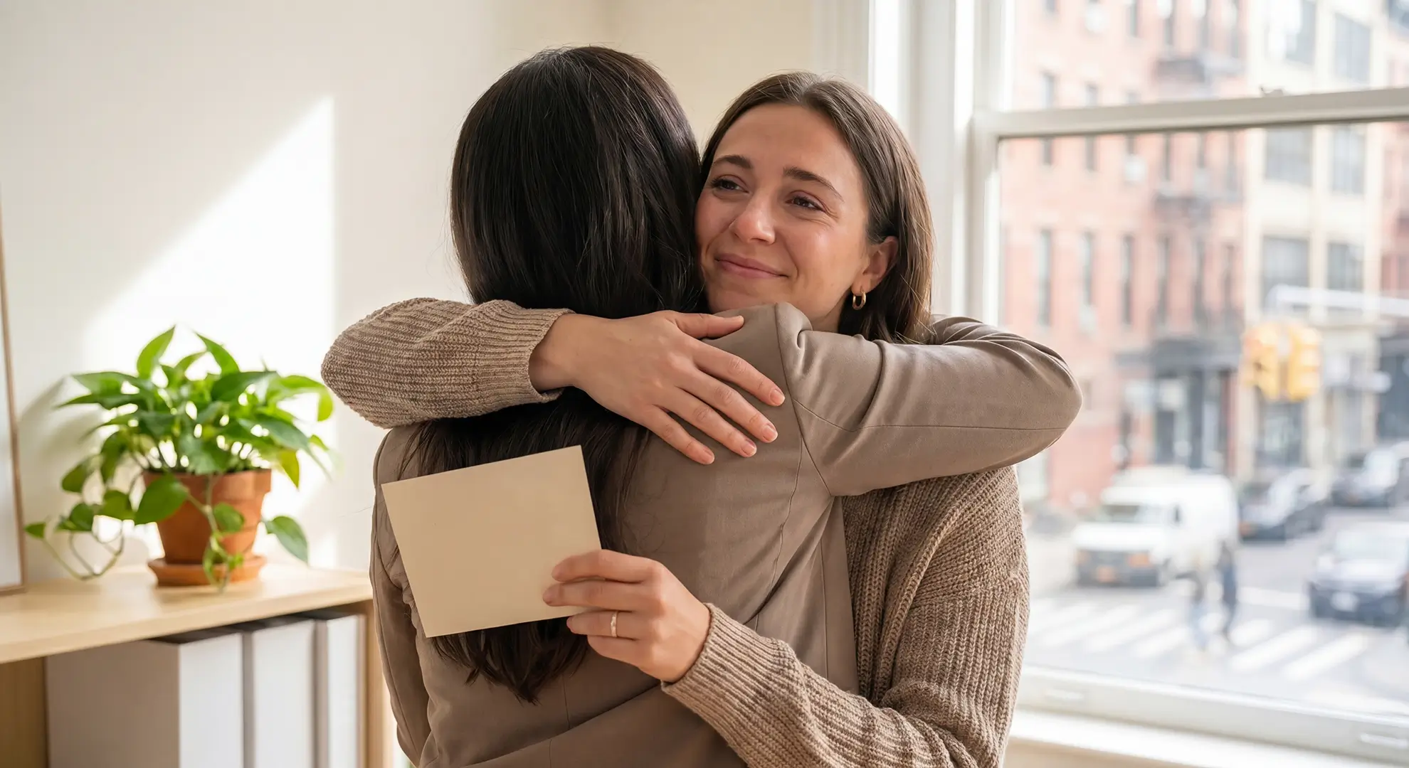 A woman holding a gift card warmly embracing a loved one by a sunlit window