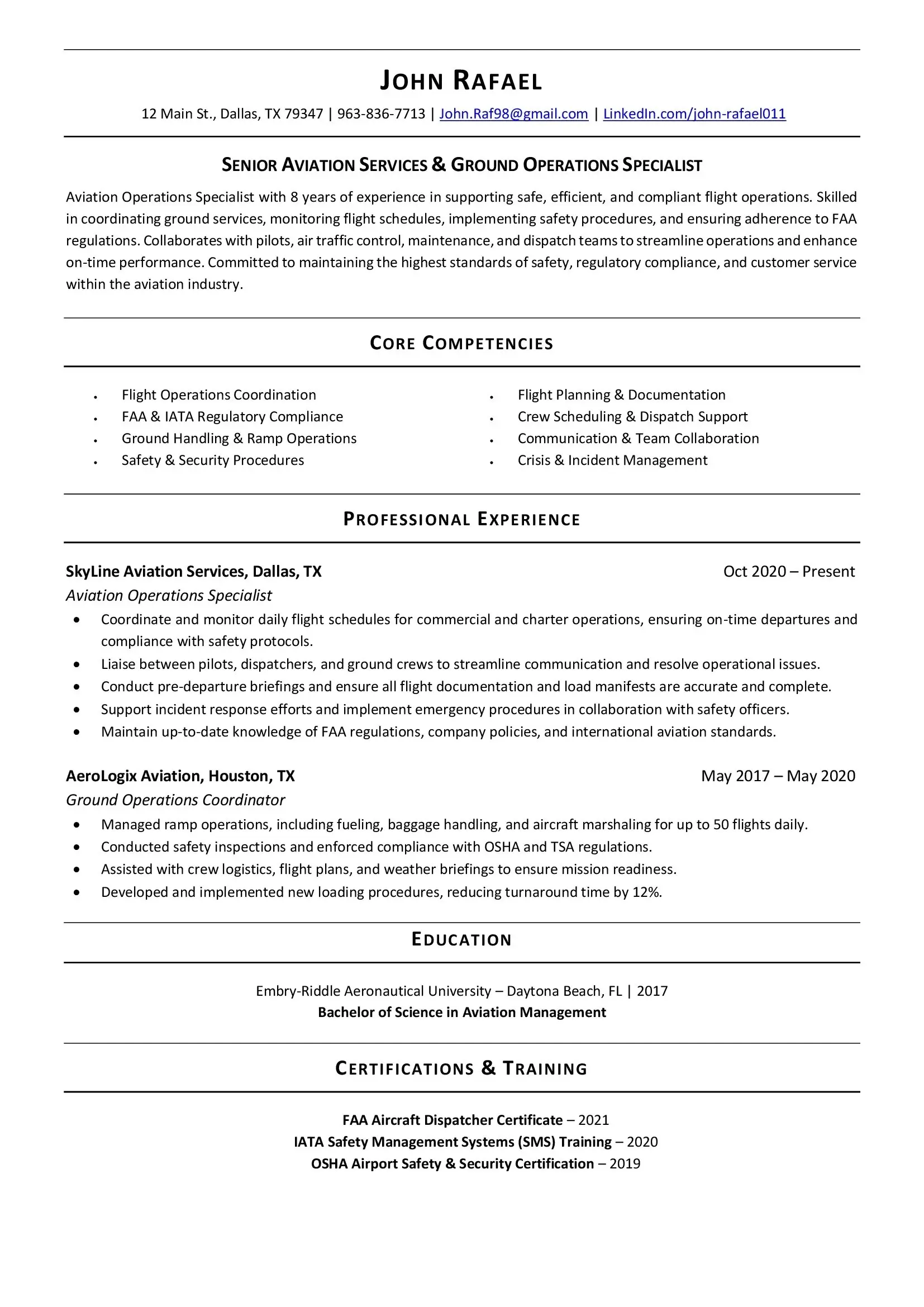 Aviation Resume Sample
