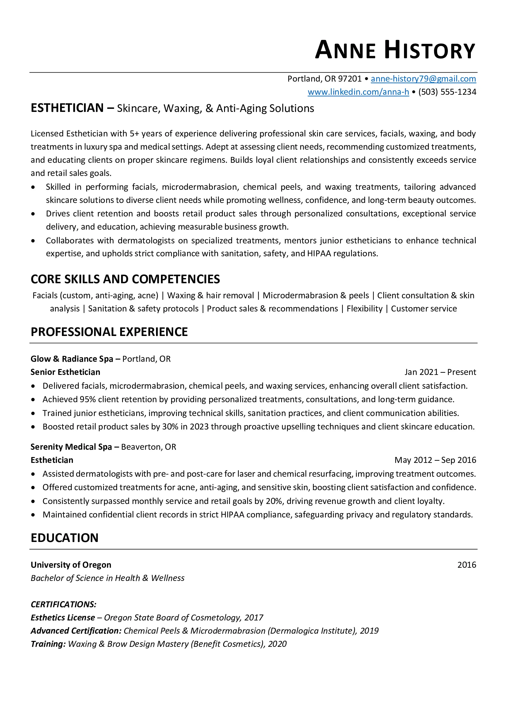 Esthetician resume example