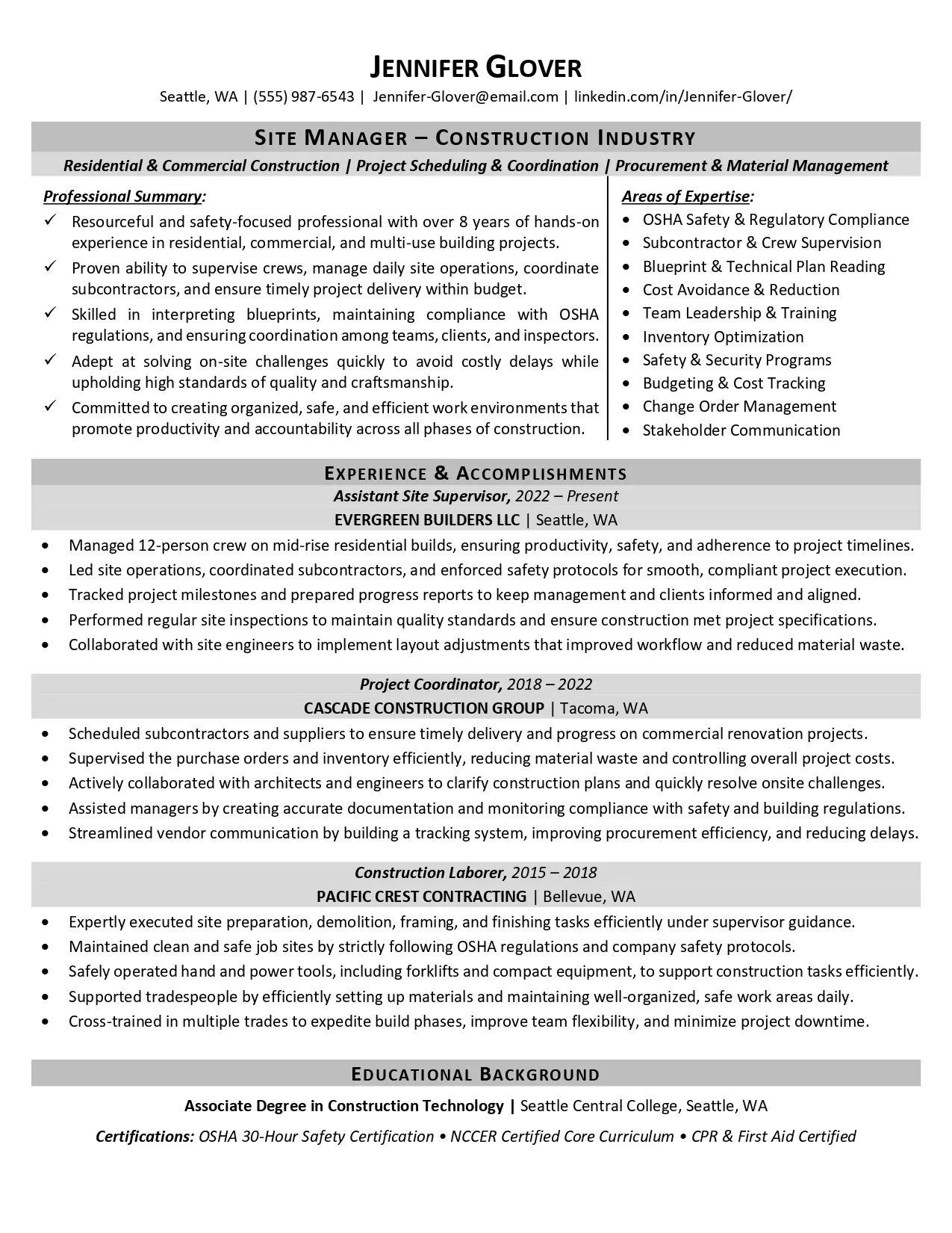 Construction chronological resume example