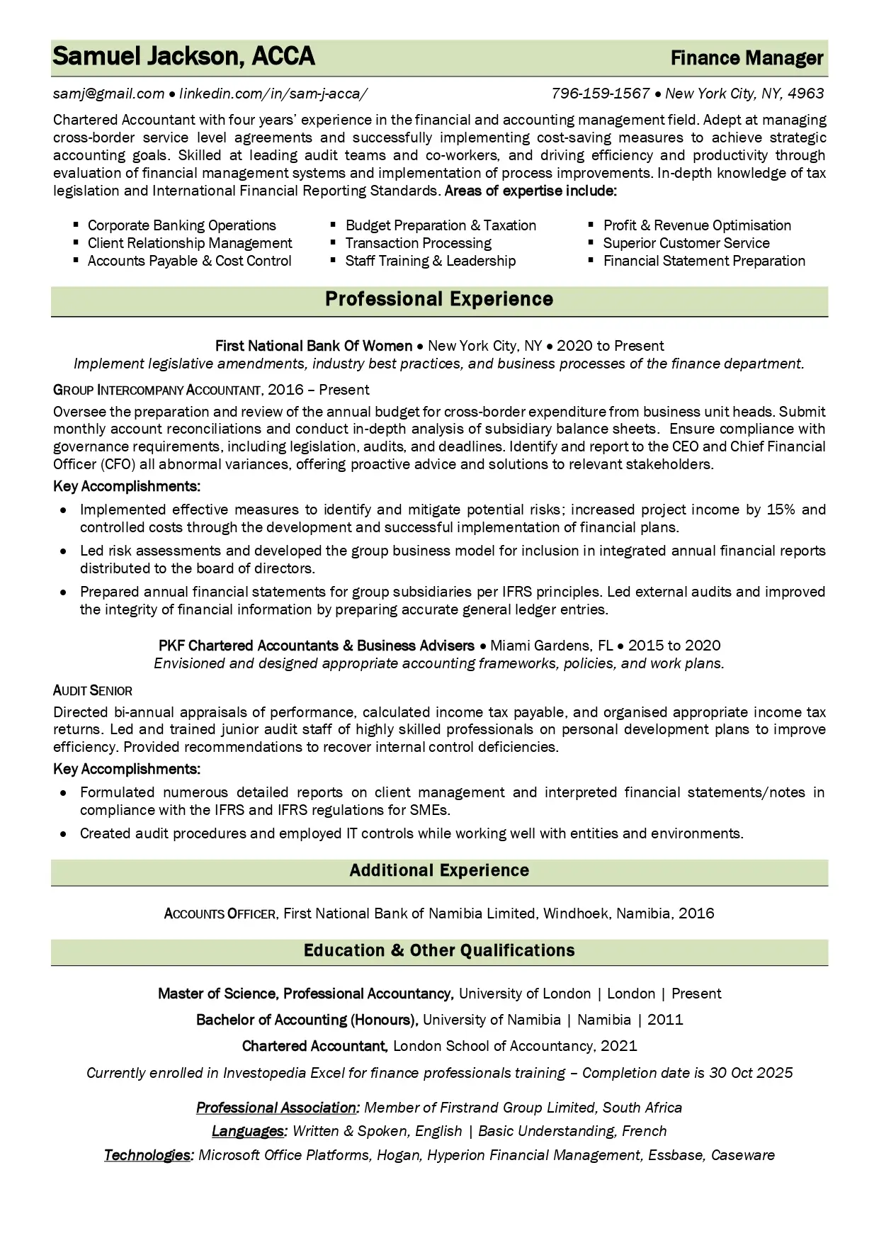 Finance manager resume example