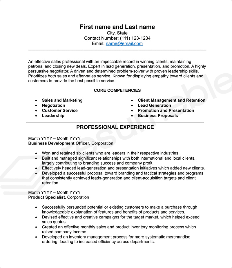 Sales resume example page 1
