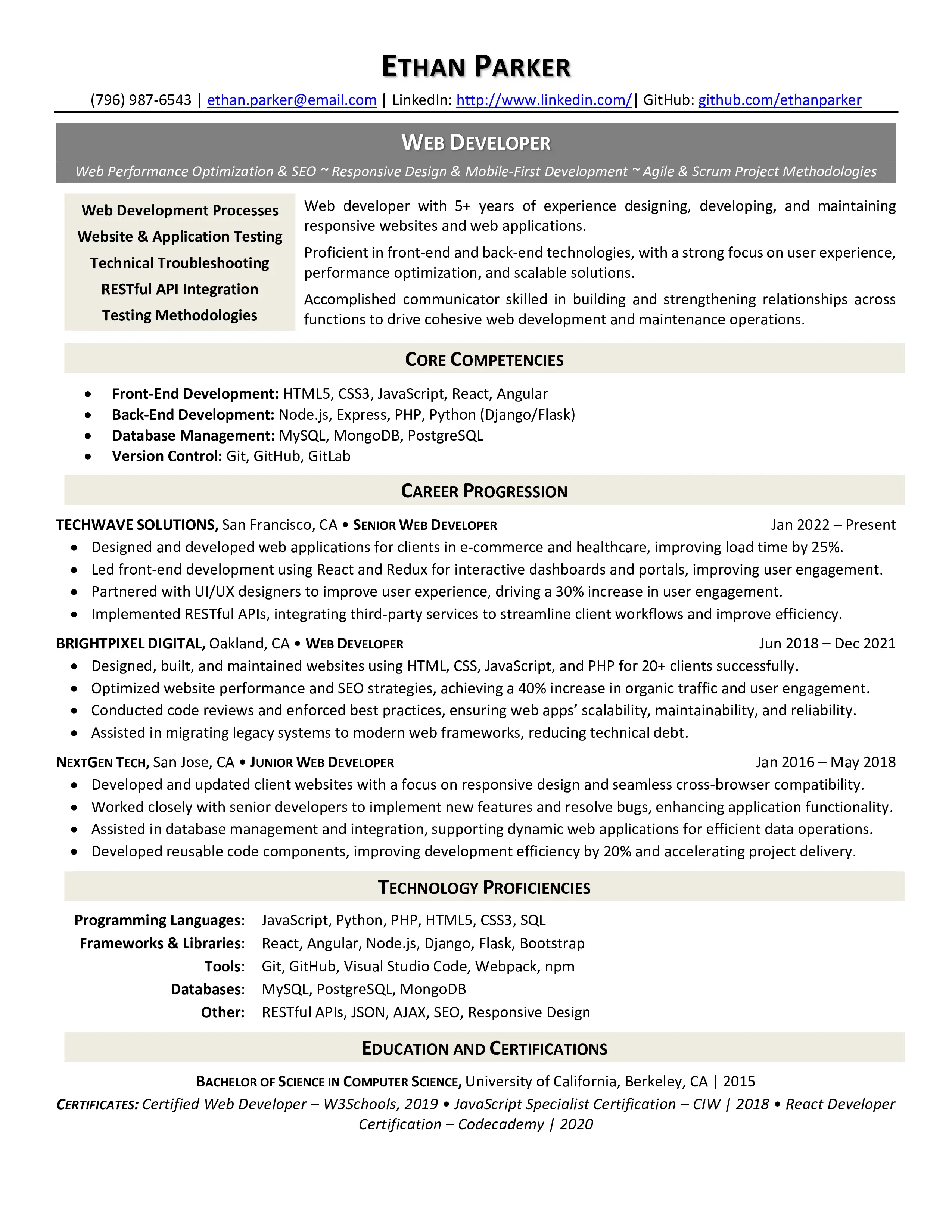 Web Developer Resume Sample
