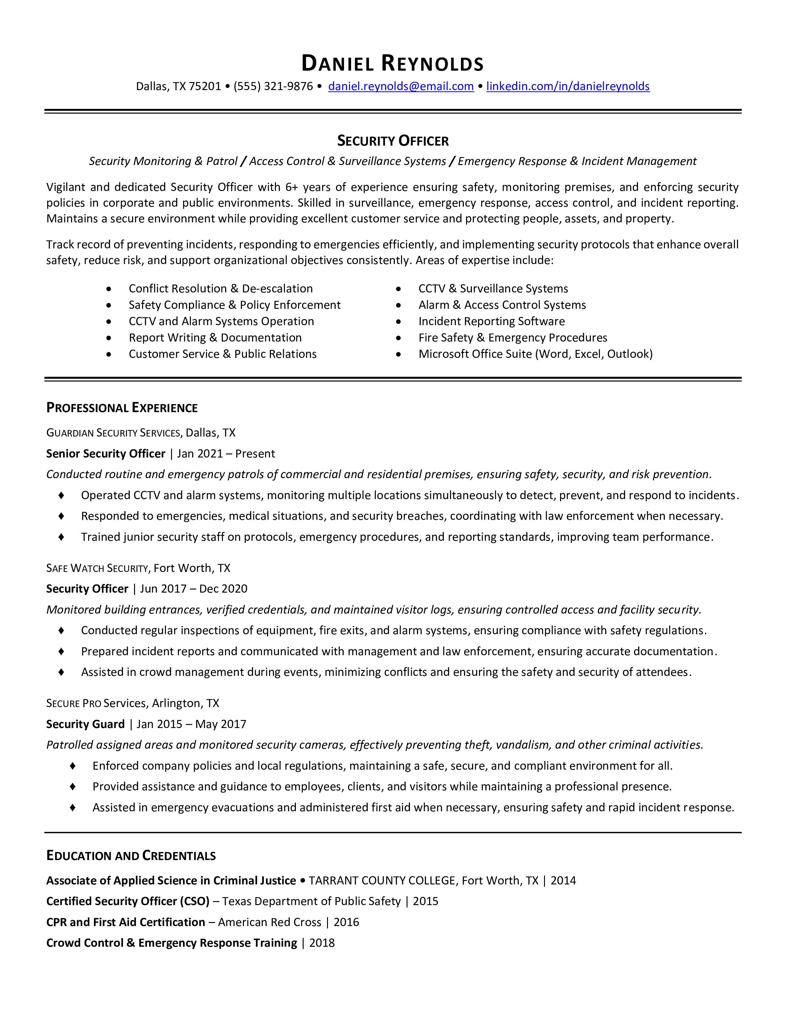 Security Officer Resume Sample