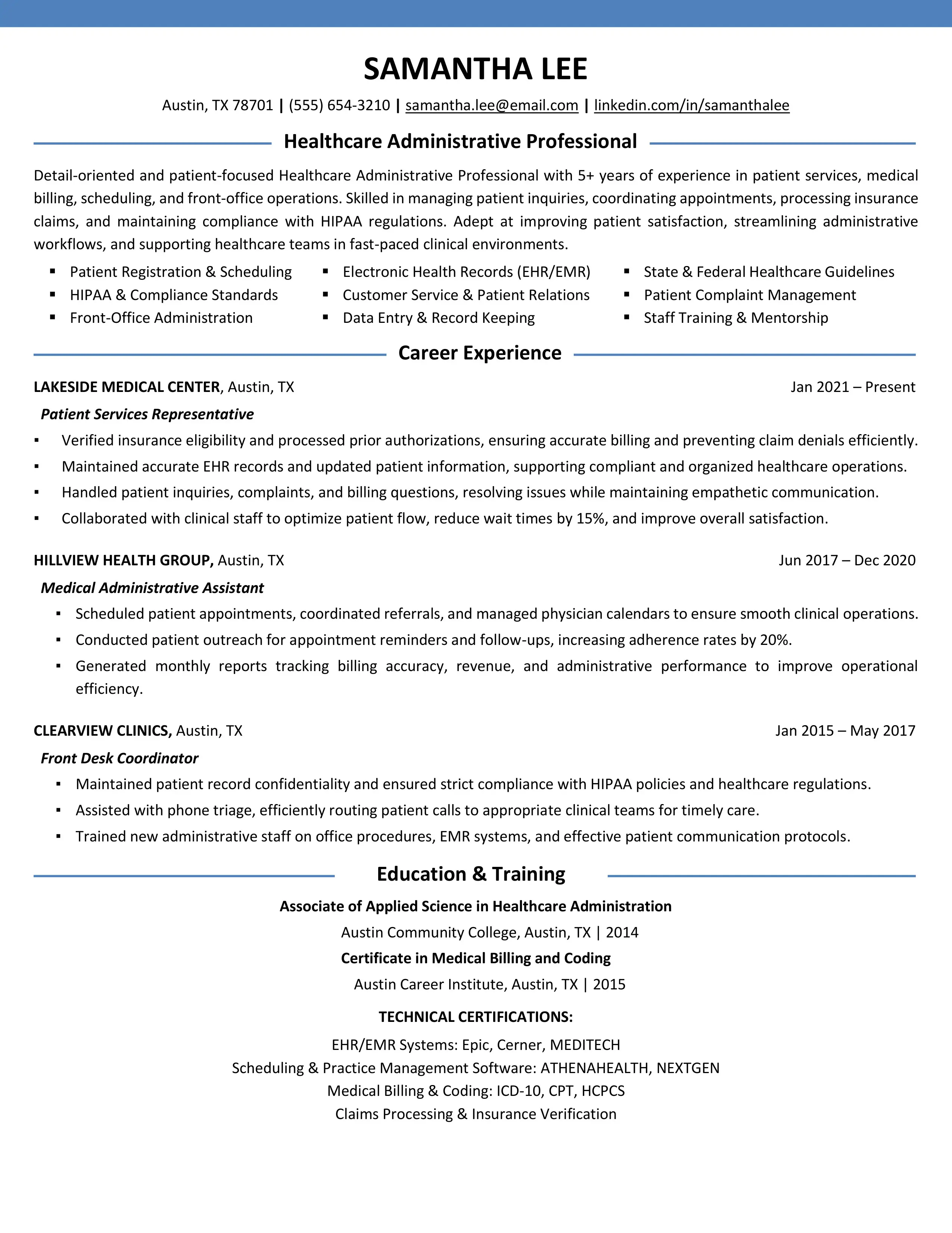 Healthcare Admin Resume Sample